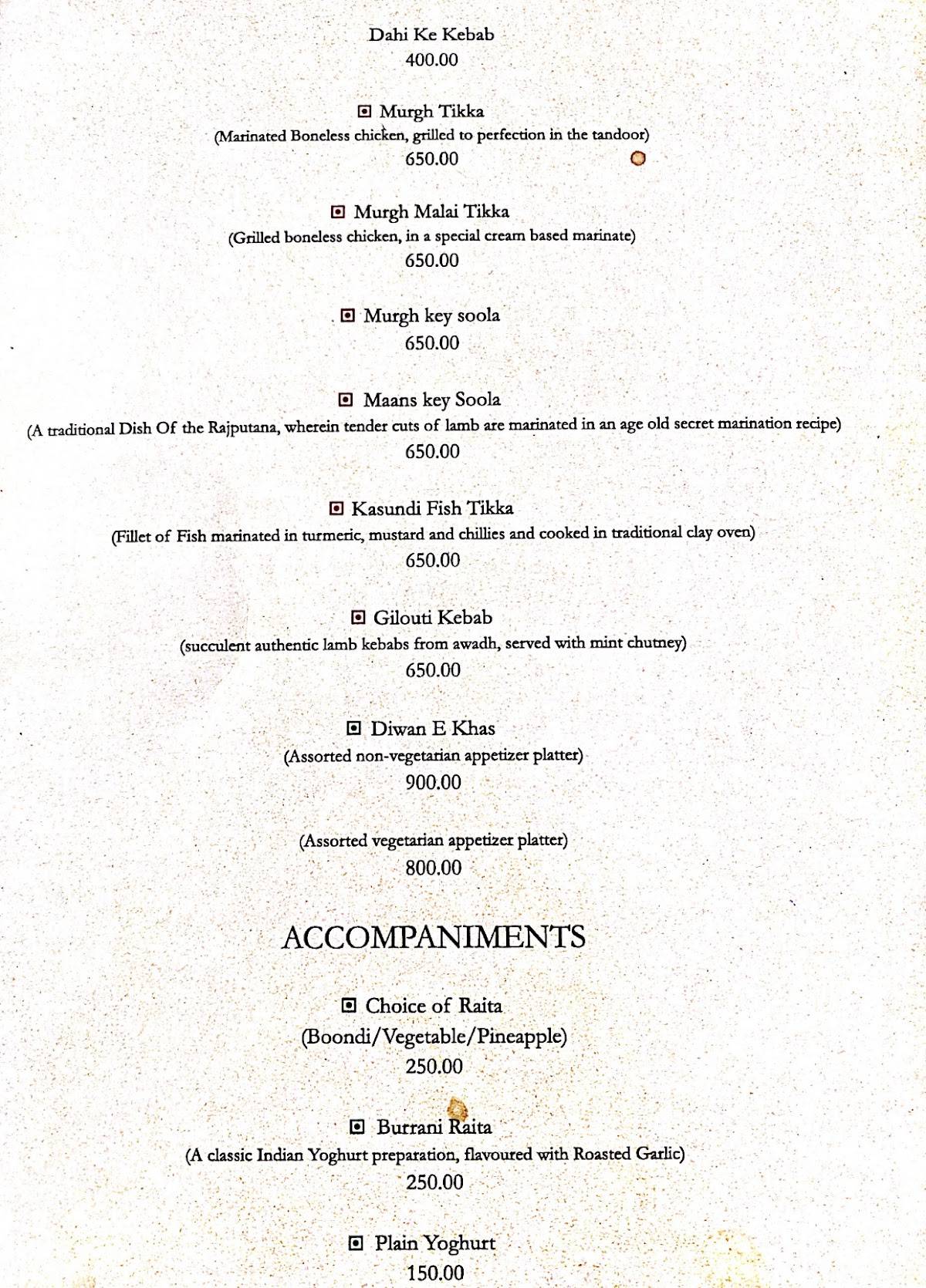 Rasa Restaurant menu