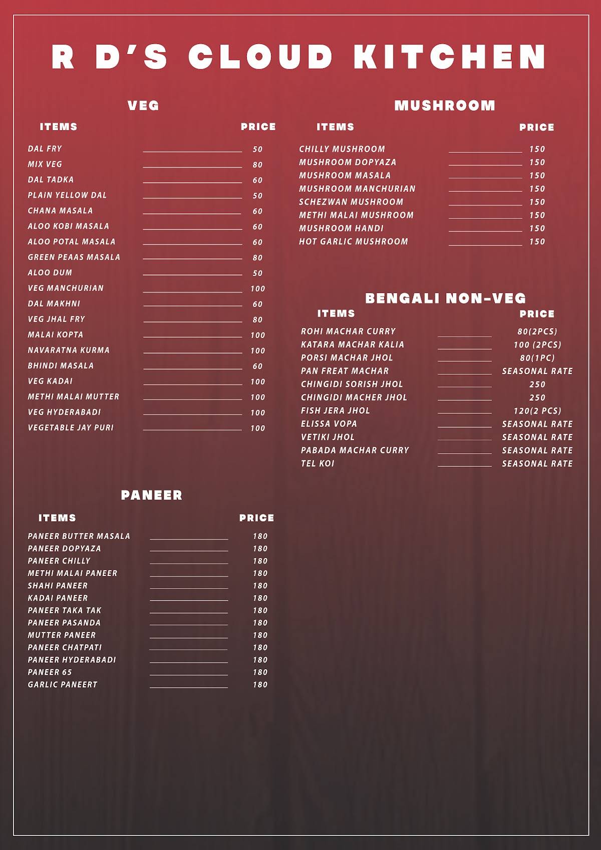 RD"s CLOUD KITCHEN menu