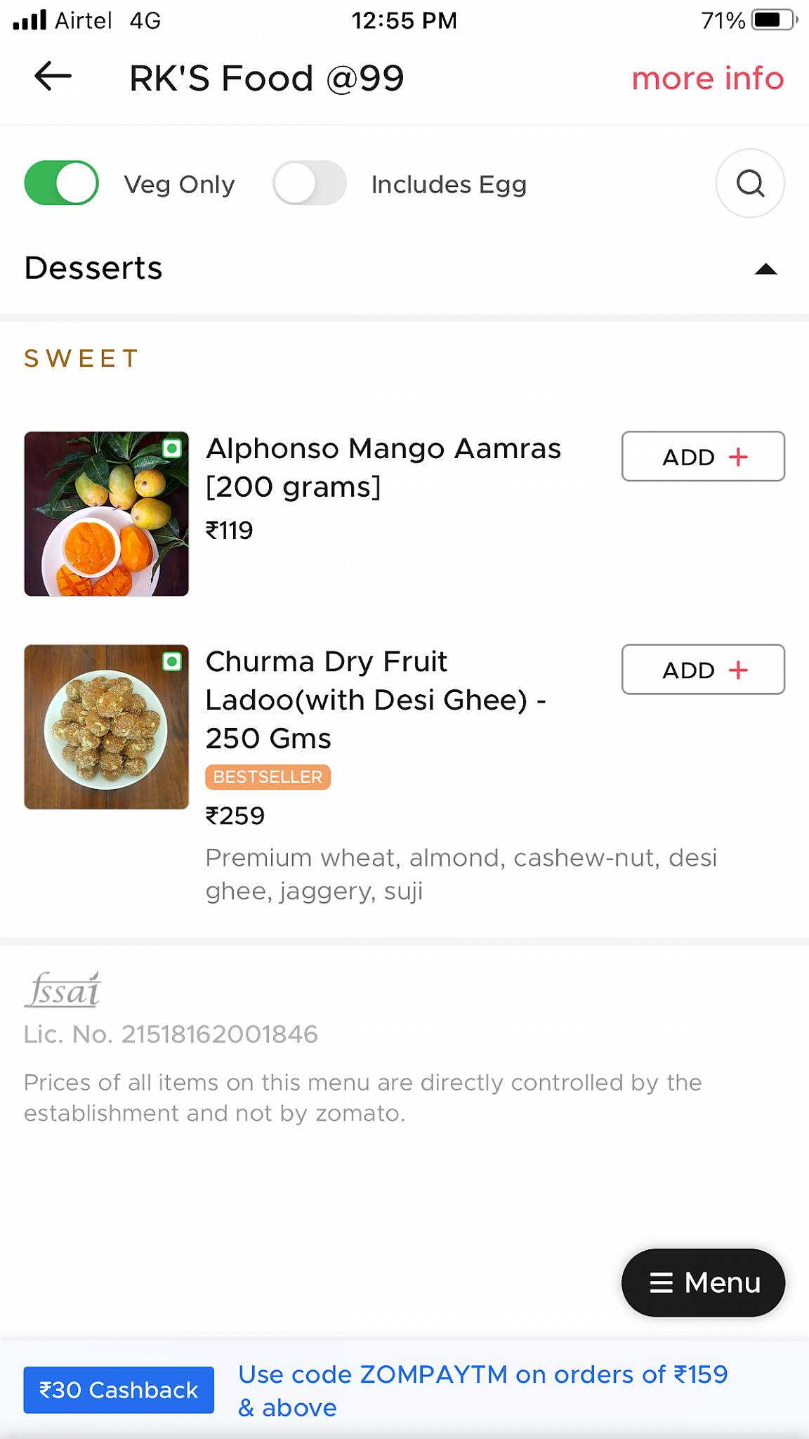 RK’s Food @ 99 menu