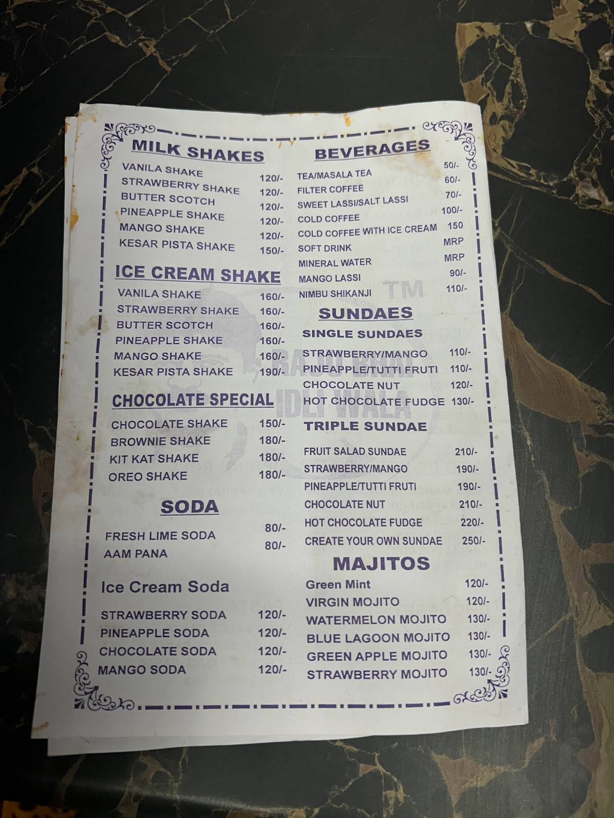 Raju Bhai Idliwala menu
