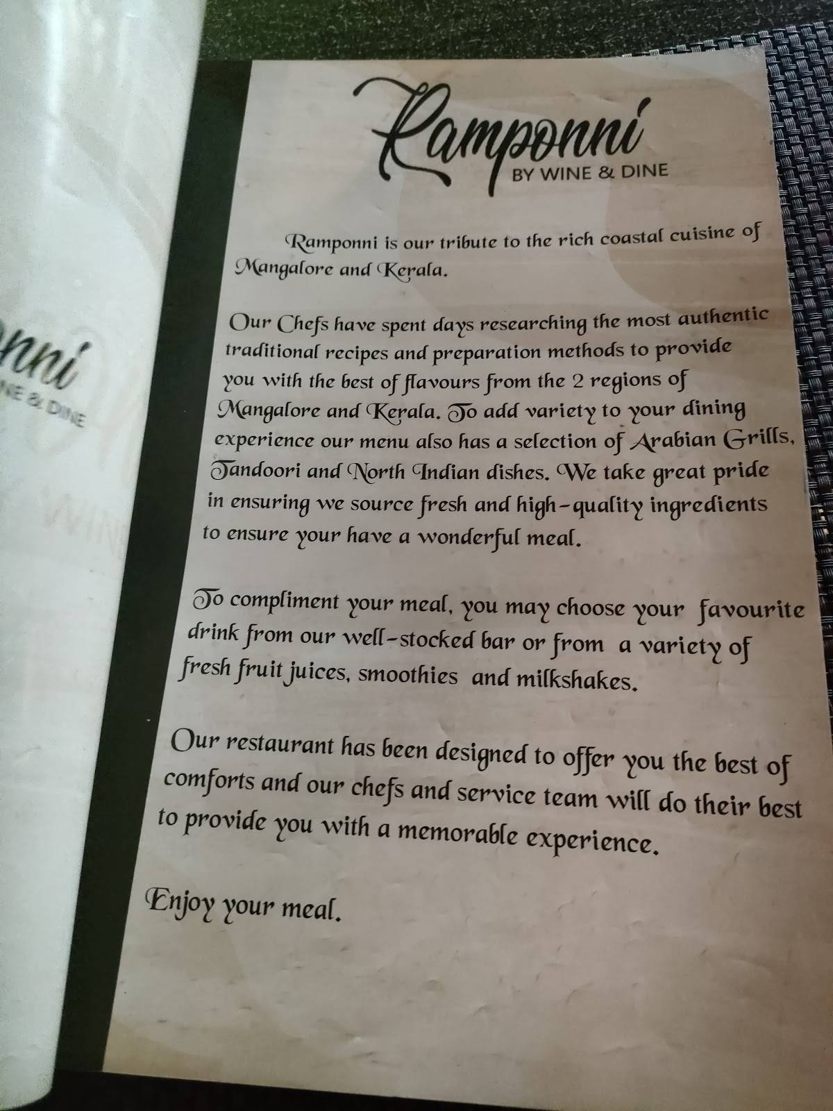 Ramponni by Wine And Dine Family Restaurant menu