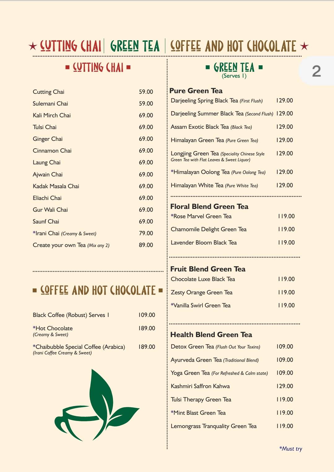 Chai Bubble menu