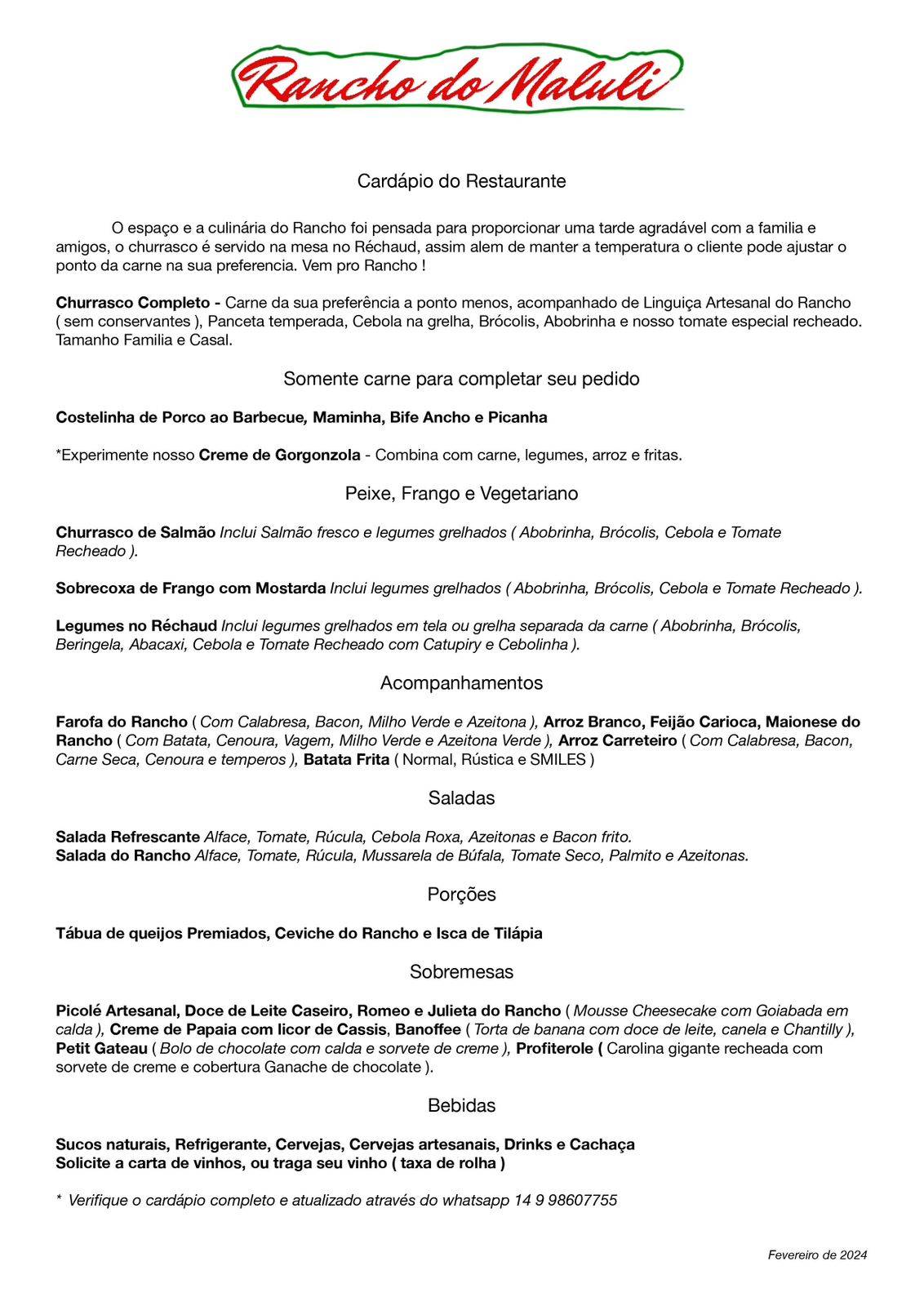 Rancho do Maluli cardápio