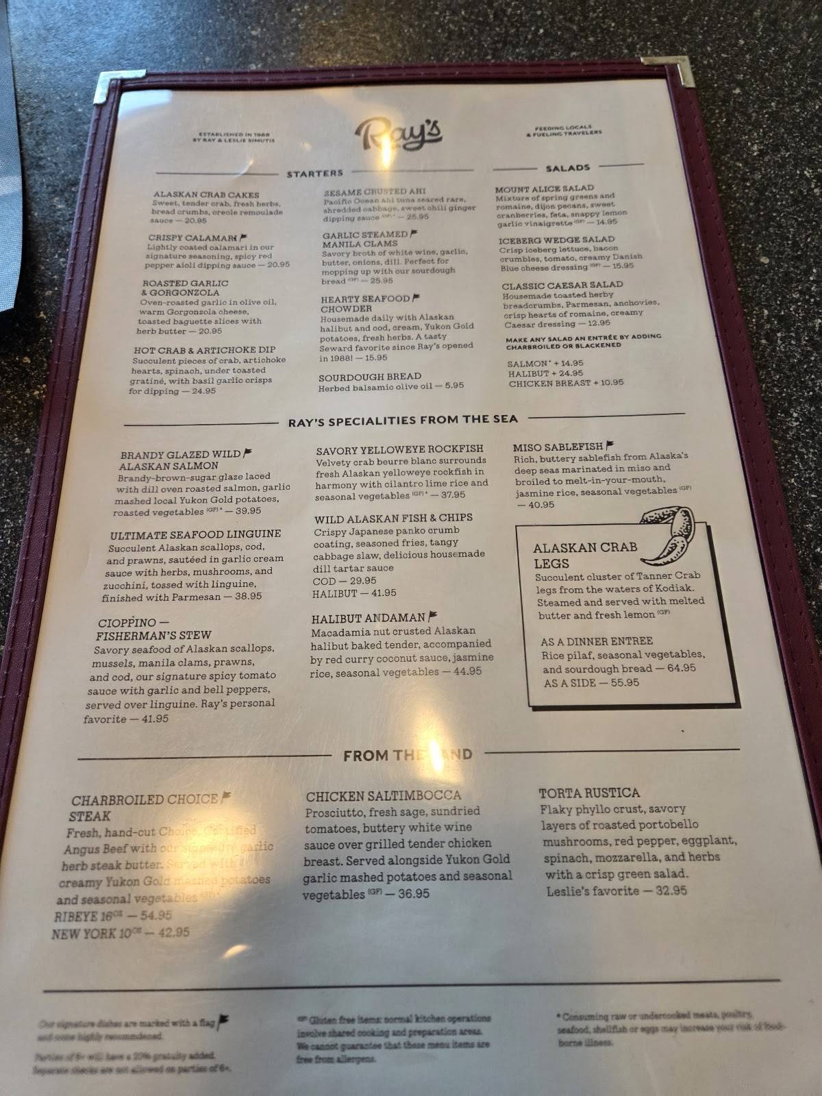 Menu at Ray's Waterfront steakhouse, Seward