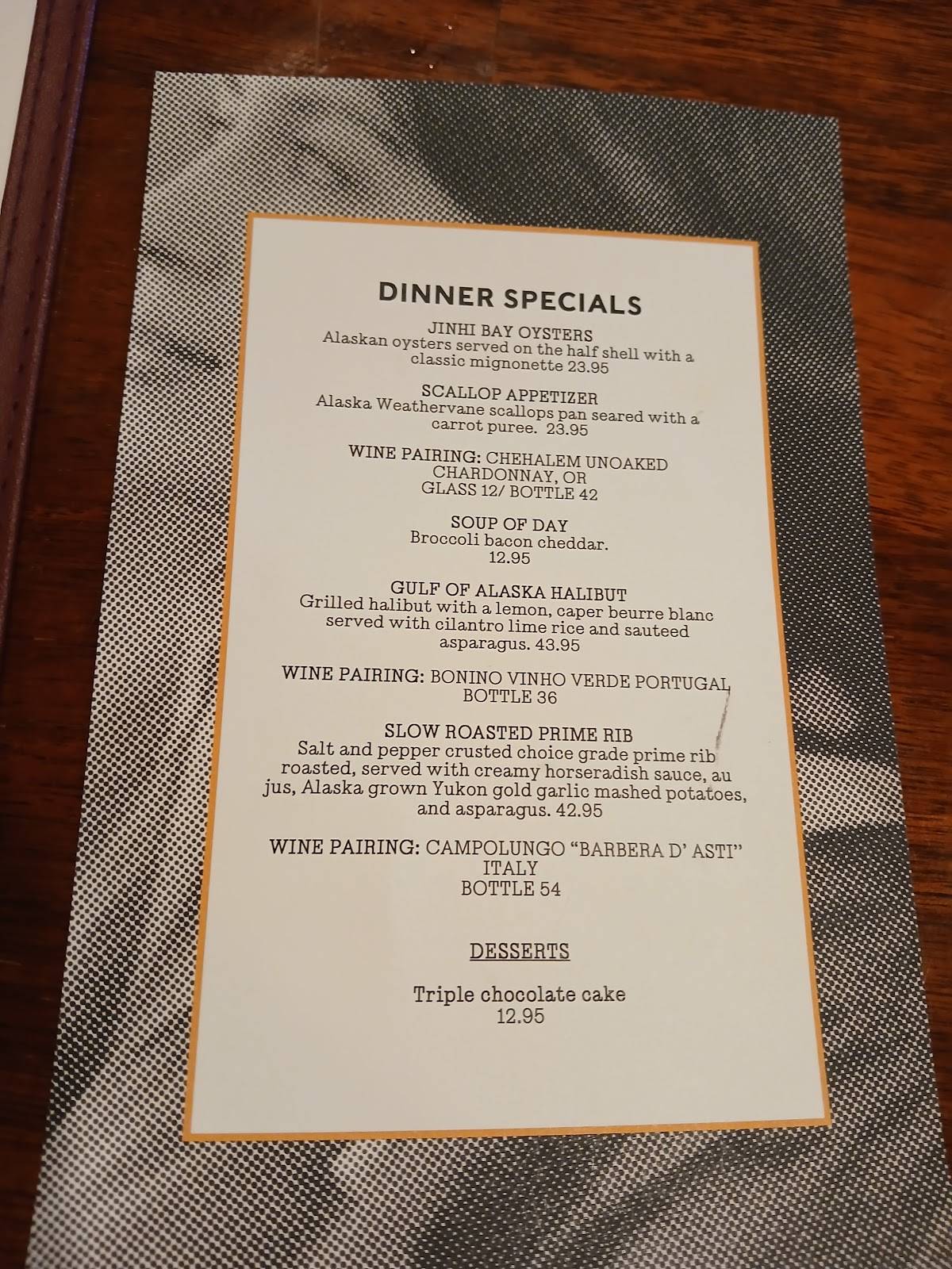 Menu at Ray's Waterfront steakhouse, Seward