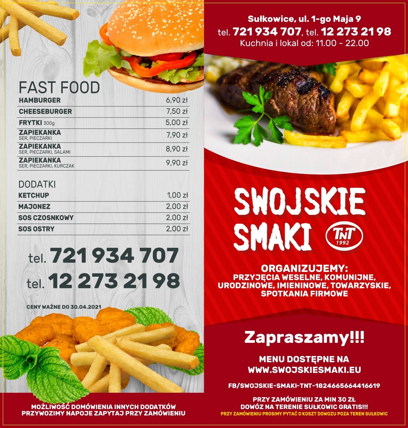 Меню ресторана Restauracja Swojskie Smaki TnT 1992 Obiady domowe Imprezy  oklicznościowe, Сулковице