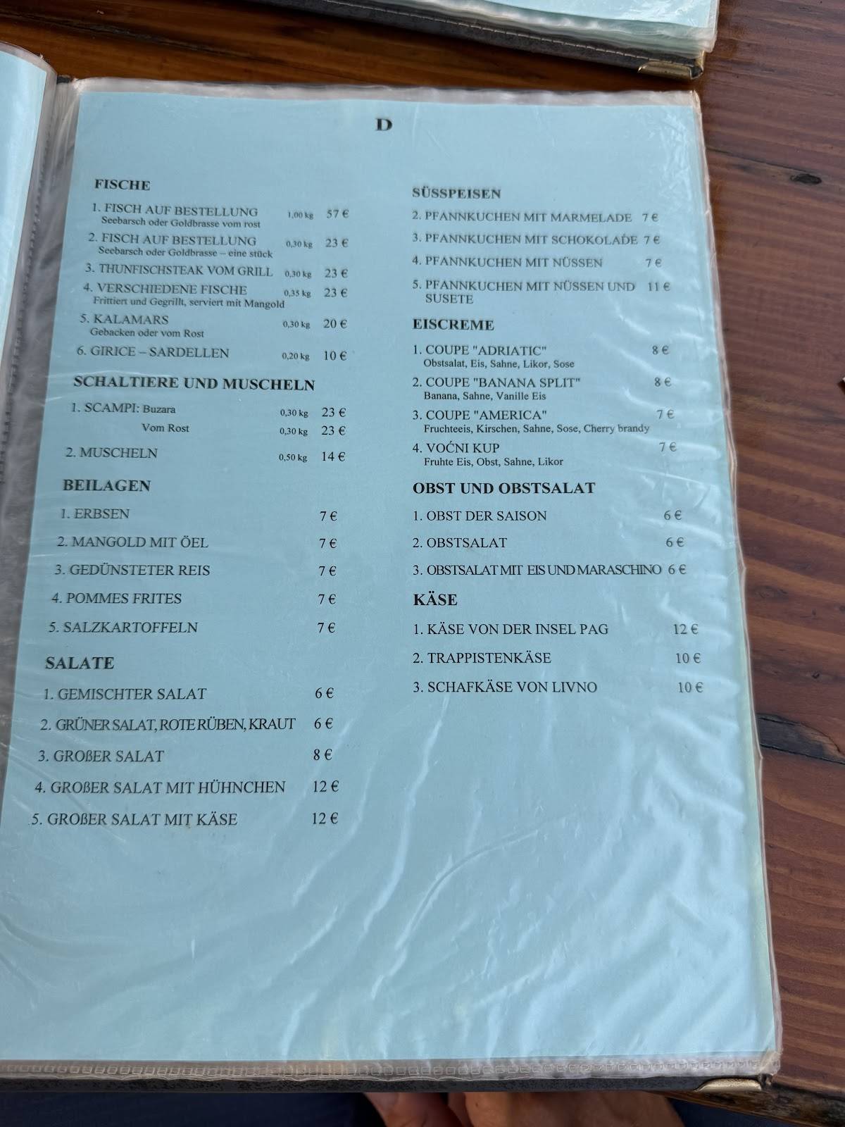 Menu di Restaurant Adriatic 