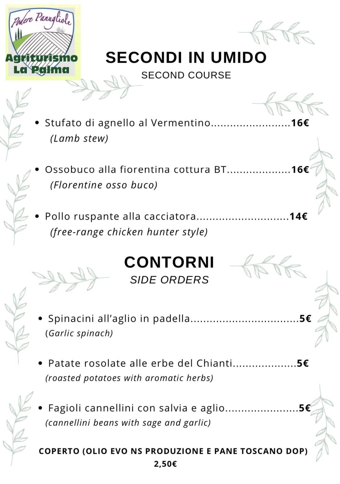 Menu di Agriturismo La Palma Ristorante Pernottamento 