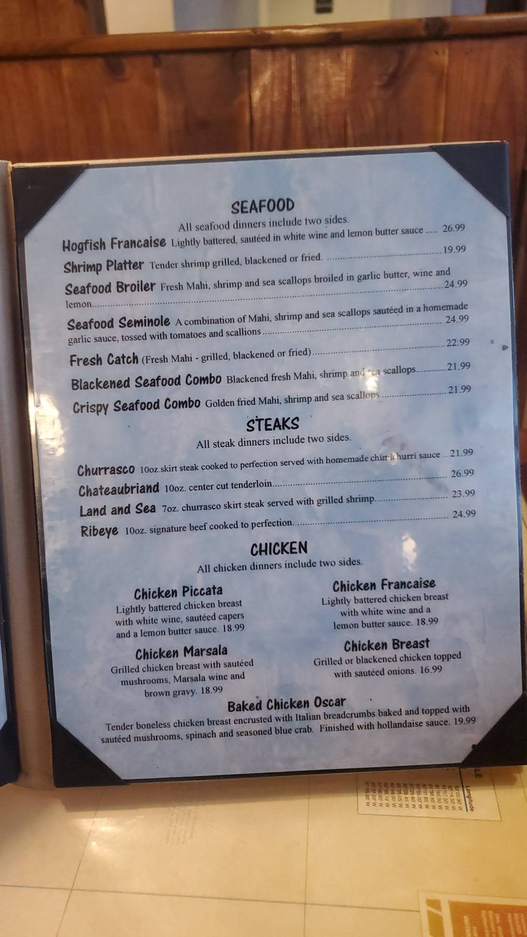 Menu at Alfredo's Cookhouse restaurant, Key Largo