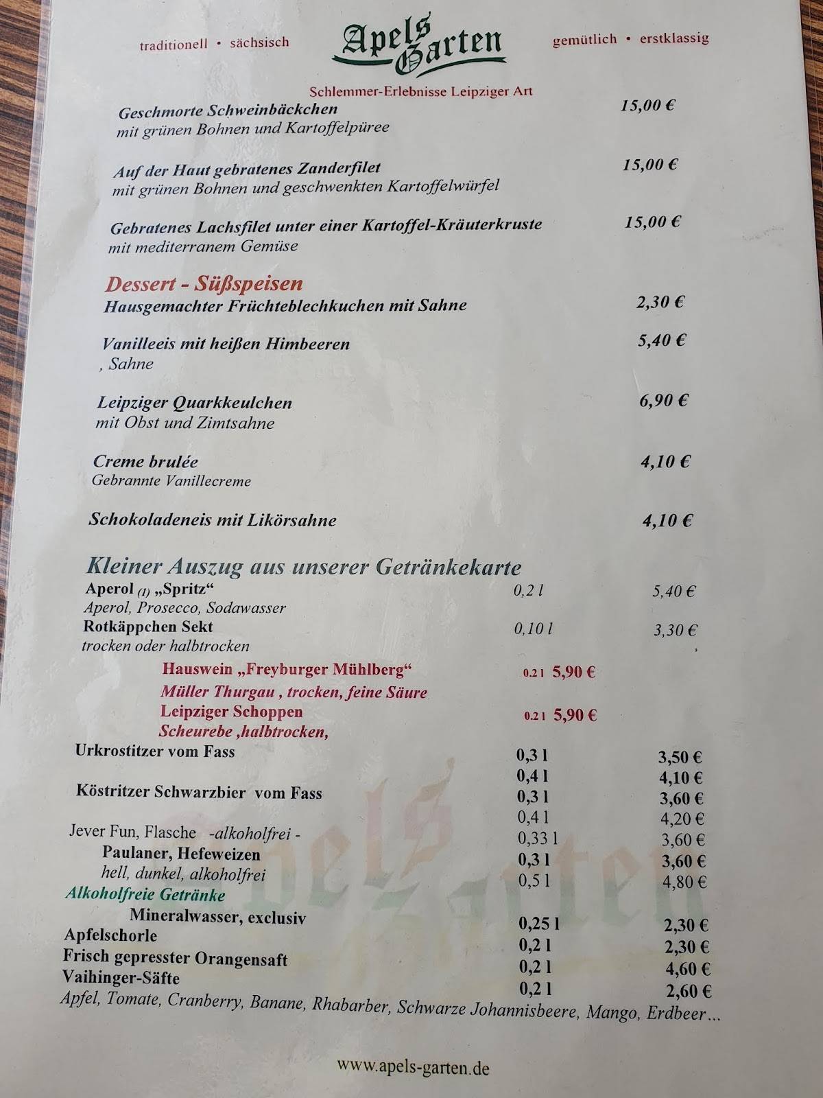 Speisekarte von Restaurant Apels Garten, Leipzig