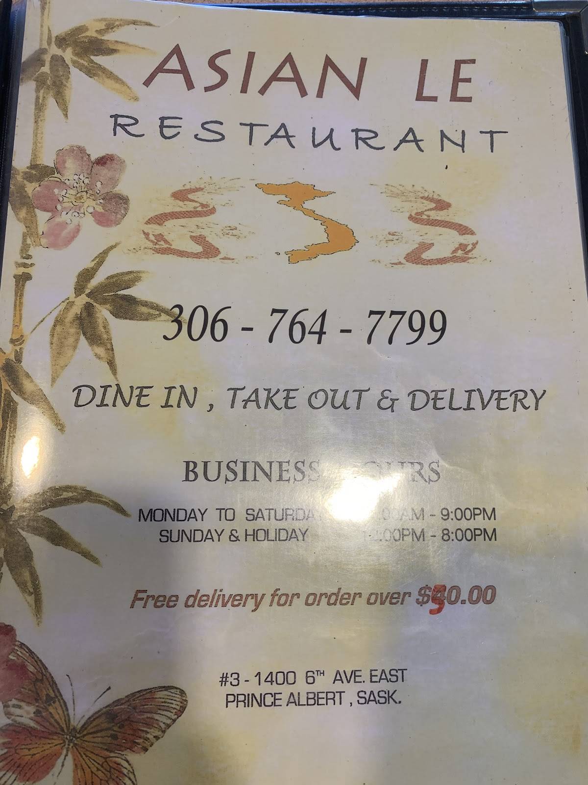 Menu at Asian Le restaurant, Prince Albert