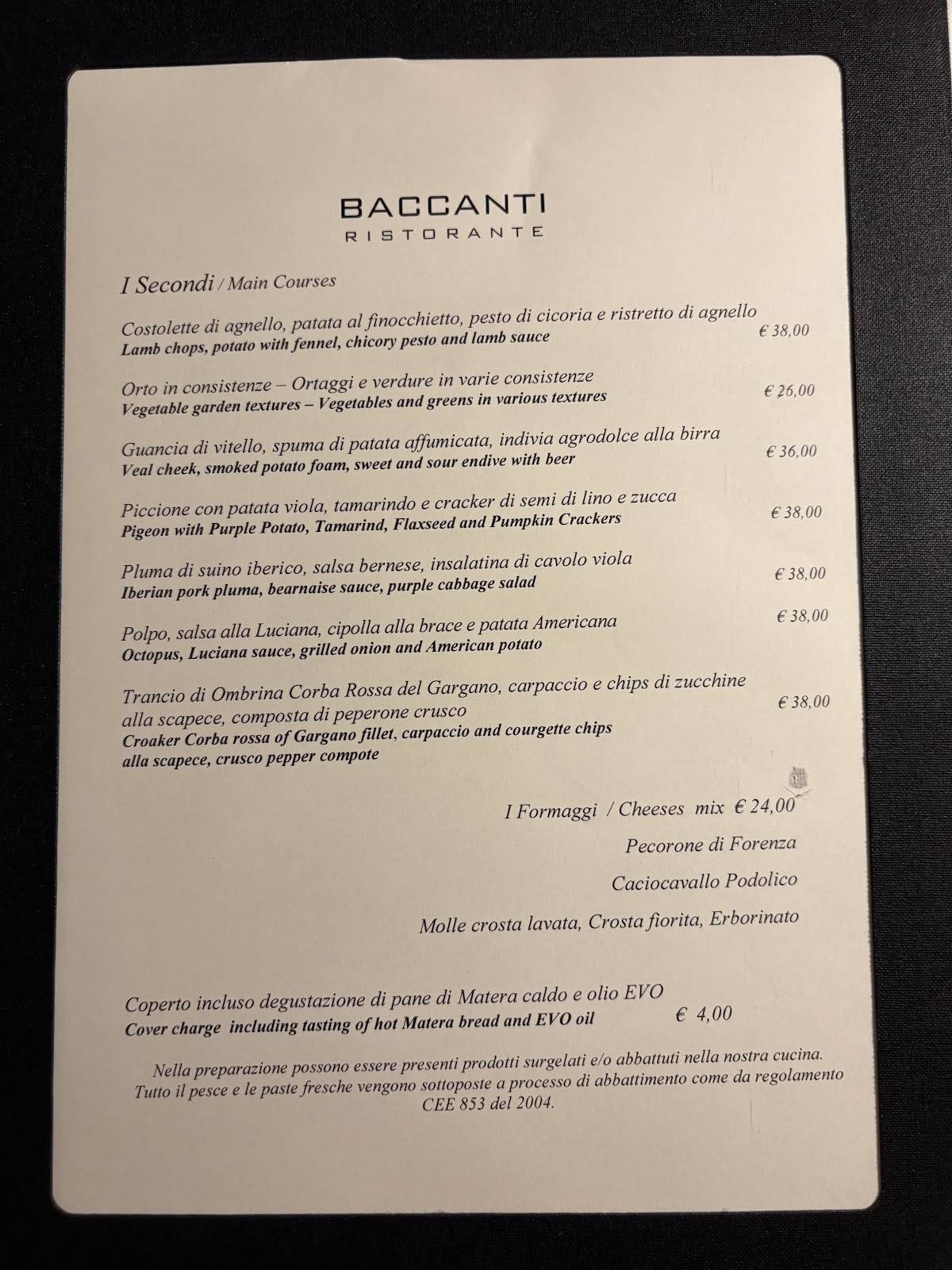 Menu di Baccanti 
