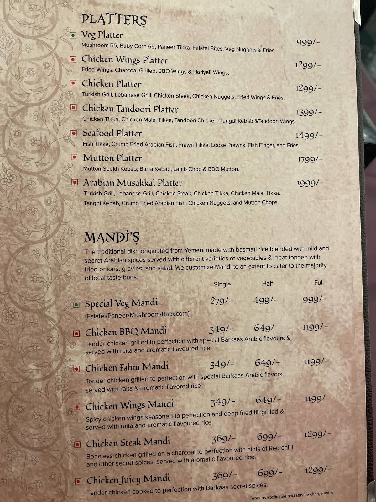 Barkaas Indo Arabic Restaurant menu