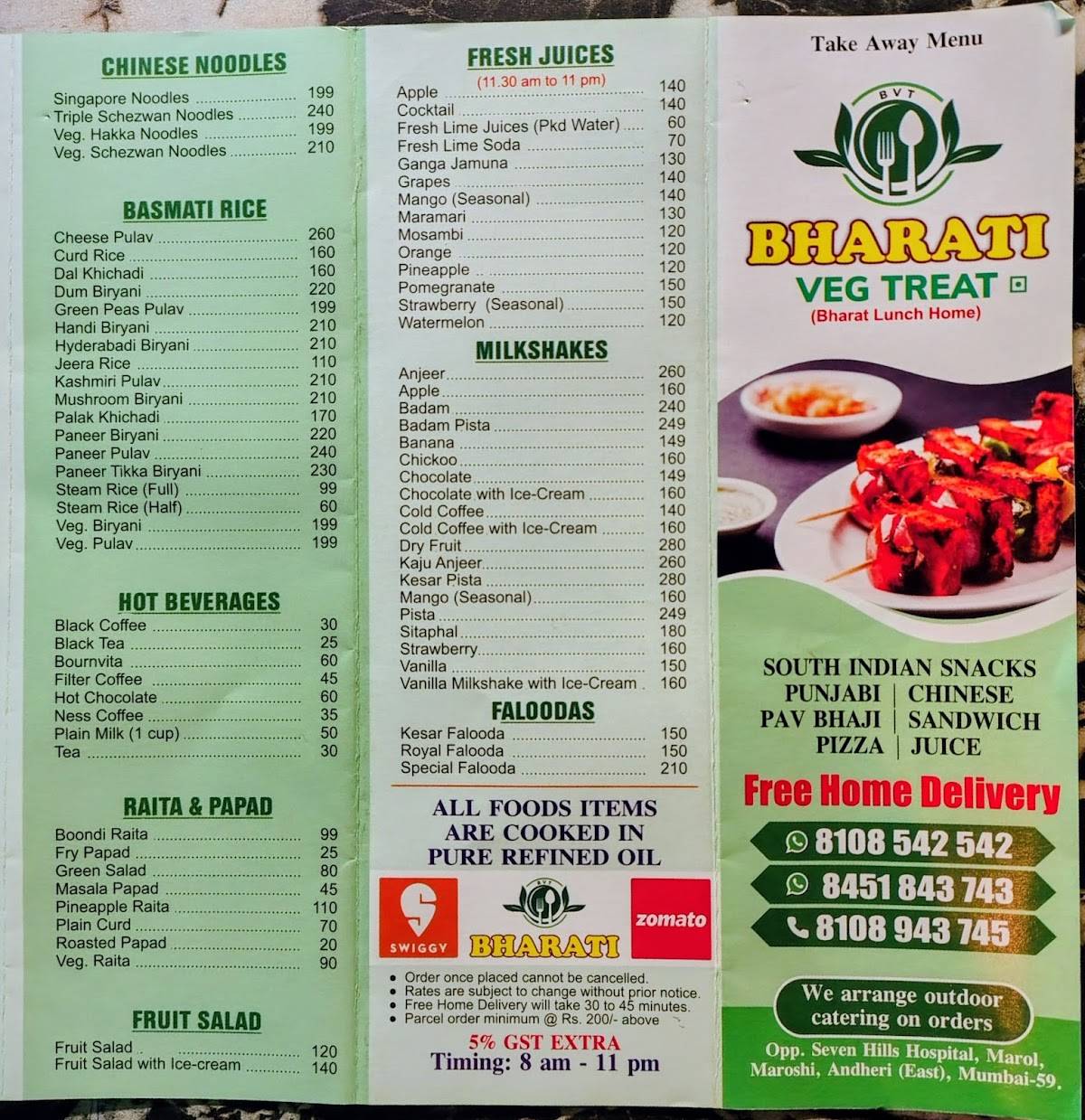 Bharati veg treat marol menu