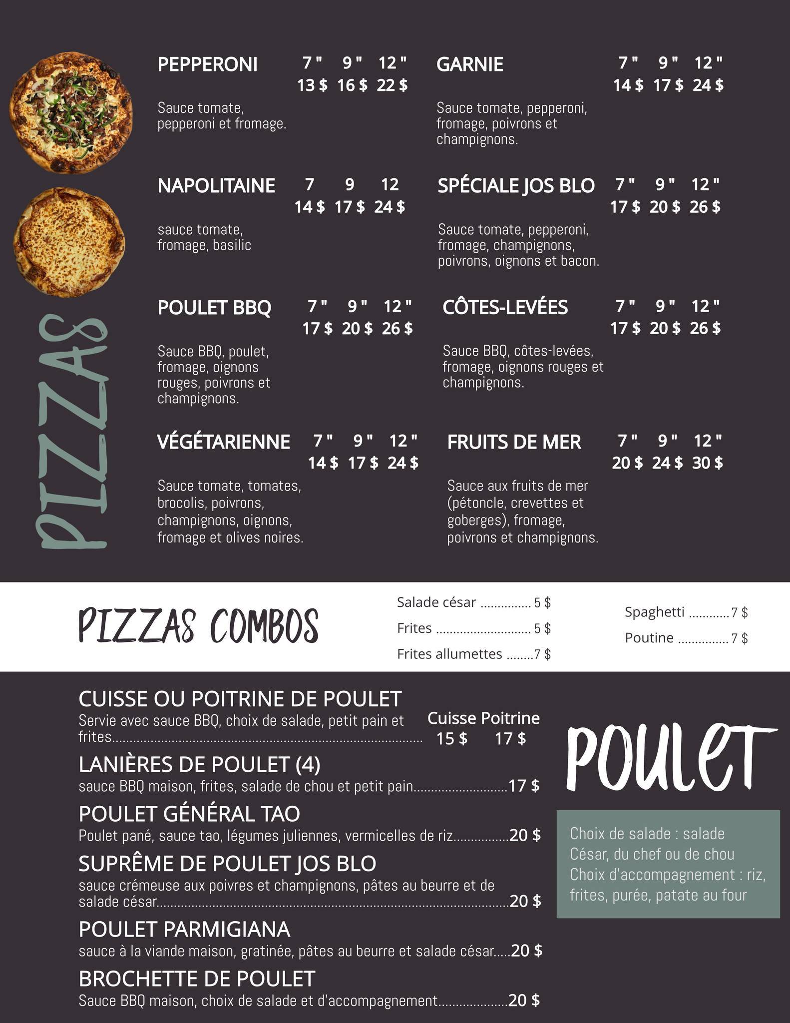 Menu au Restaurant Bistro Jos Blo, LacEtchemin