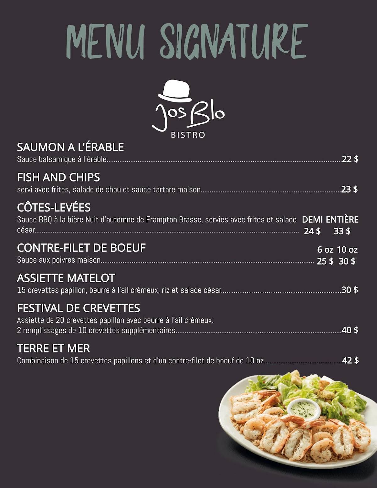Menu au Restaurant Bistro Jos Blo, LacEtchemin