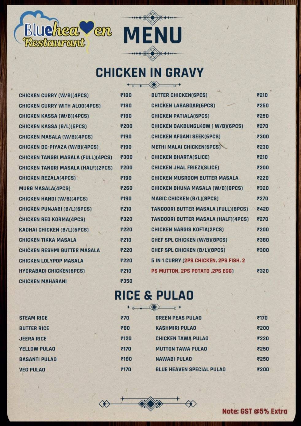 Blue Heaven Restaurant menu