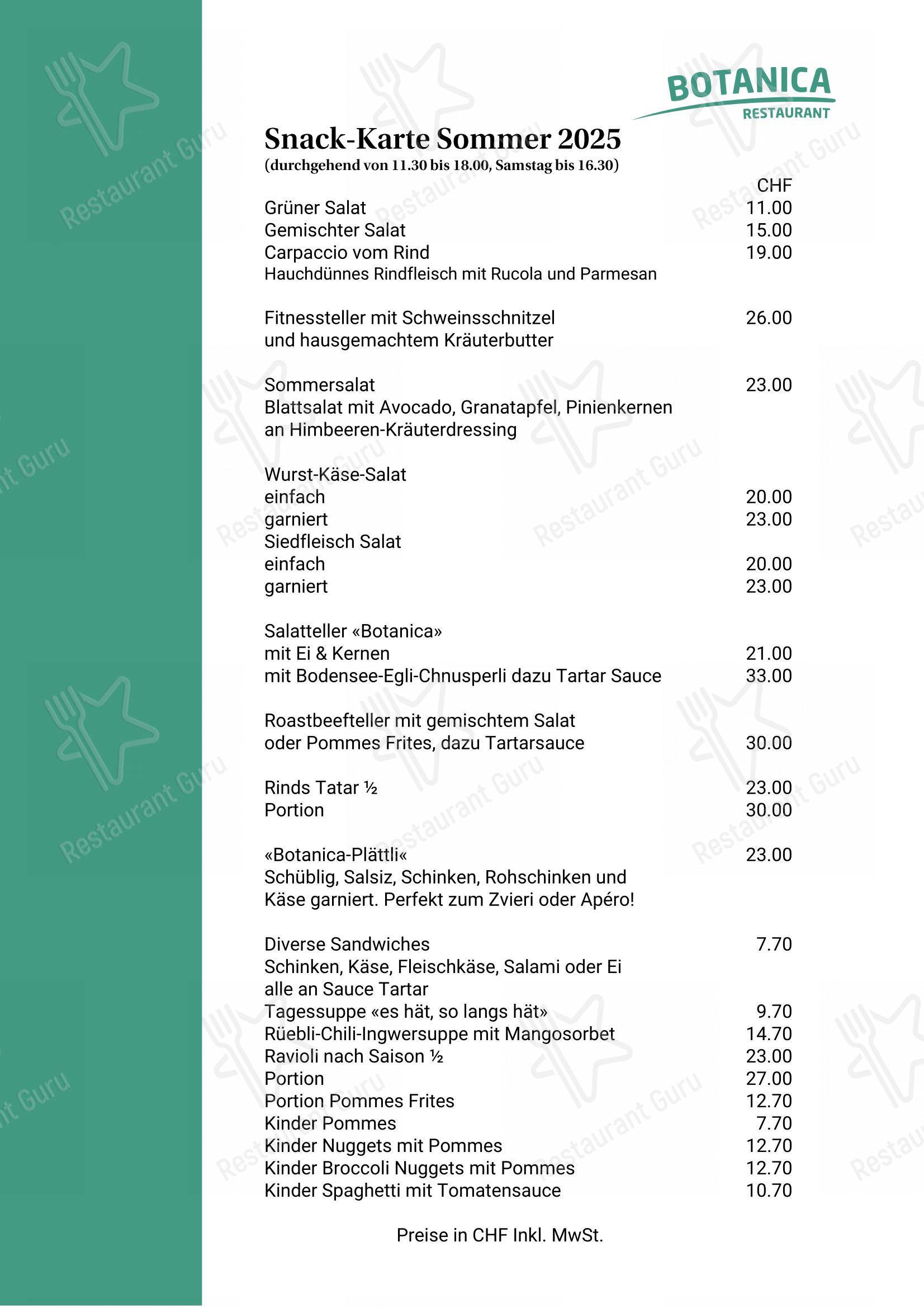 Menu di Restaurant Botanica - Menu