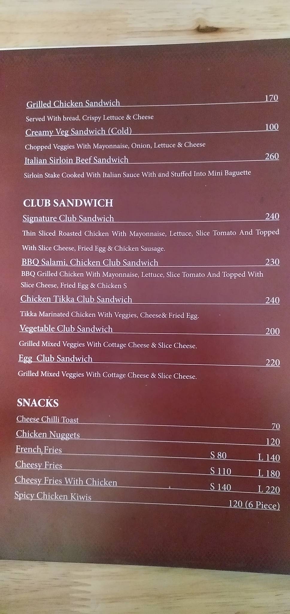 Cafe Al Bacio menu