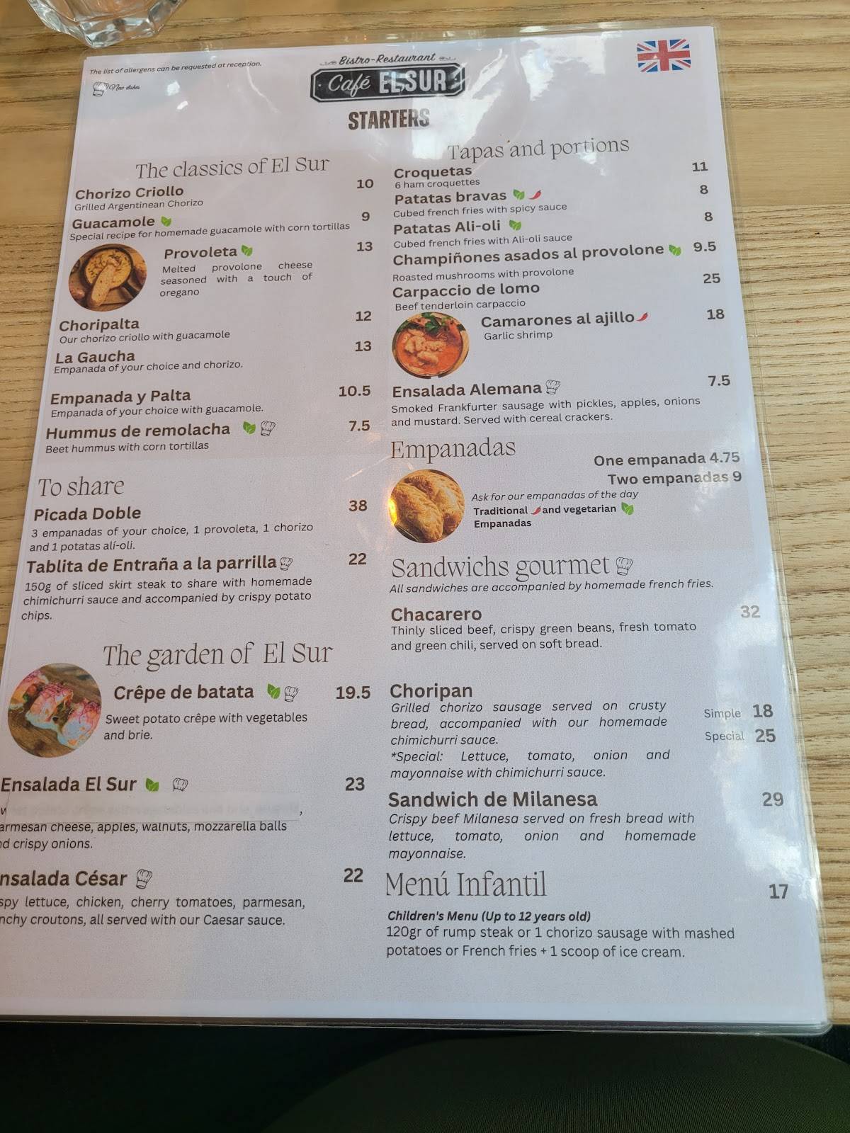 Menu de Café El Sur