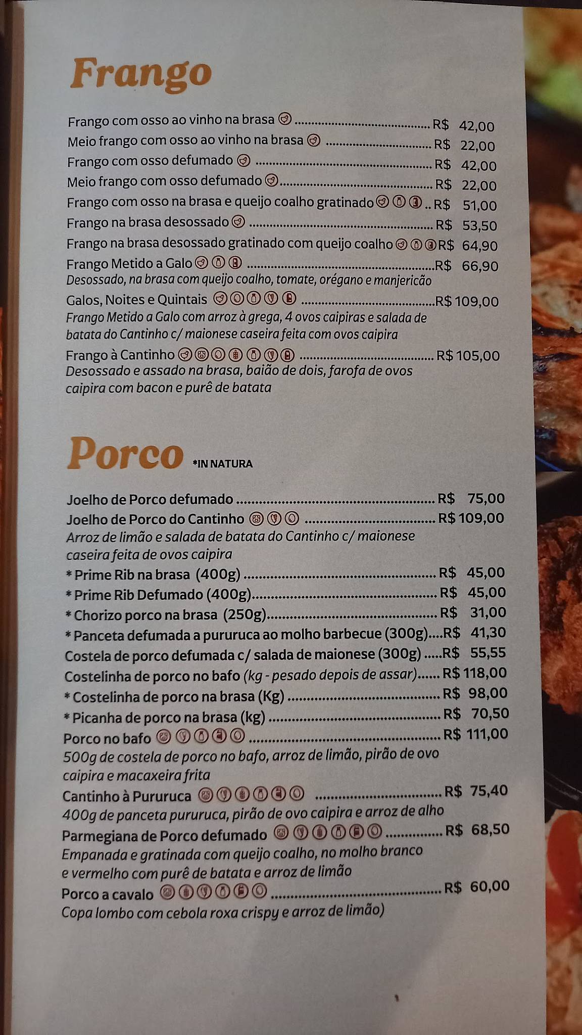 Cantinho do Frango cardápio