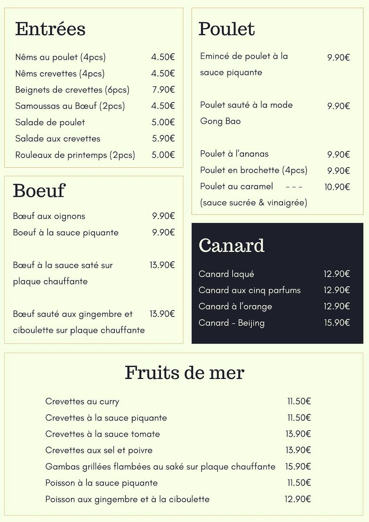 Menu de Restaurant Chen