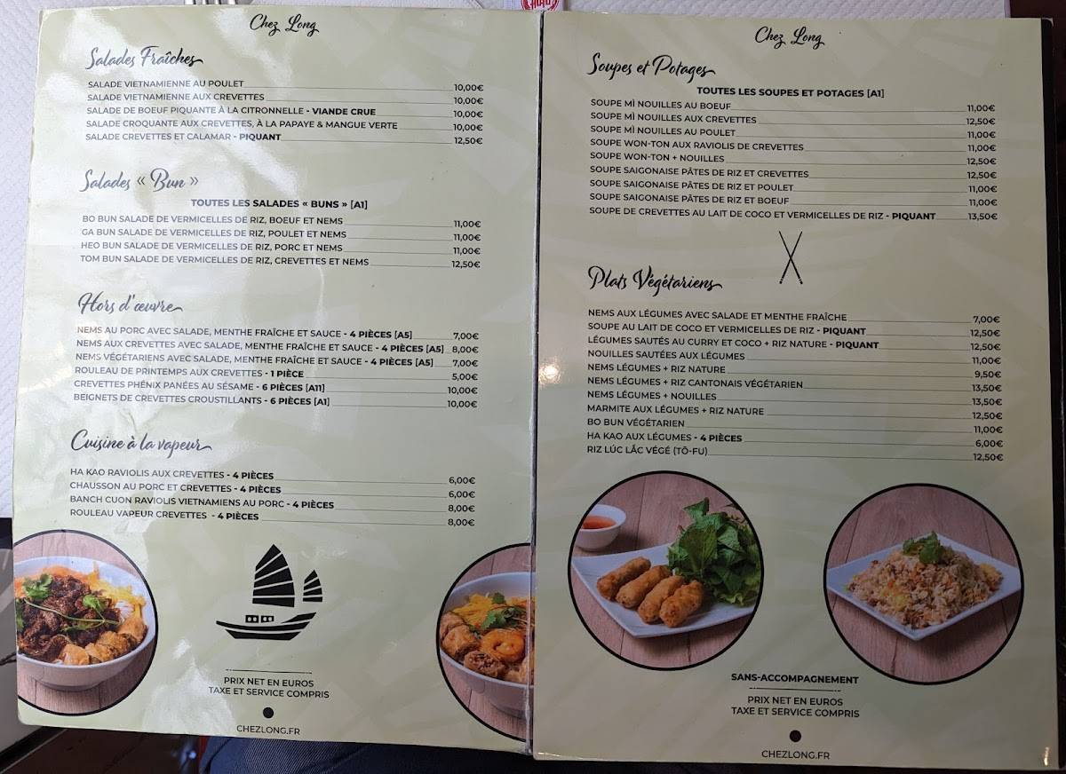 Menu de Chez Long, cuisine vietnamienne