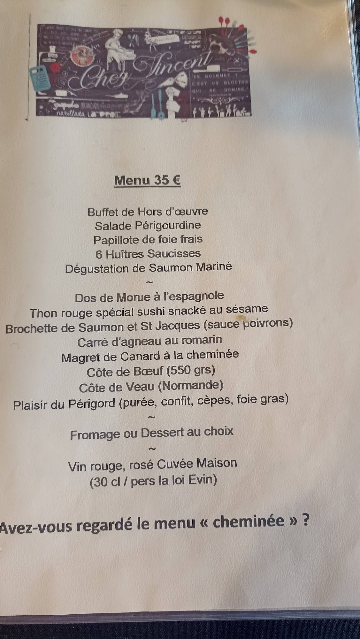 Menu de Restaurant Traiteur Chez Vincent Bègles