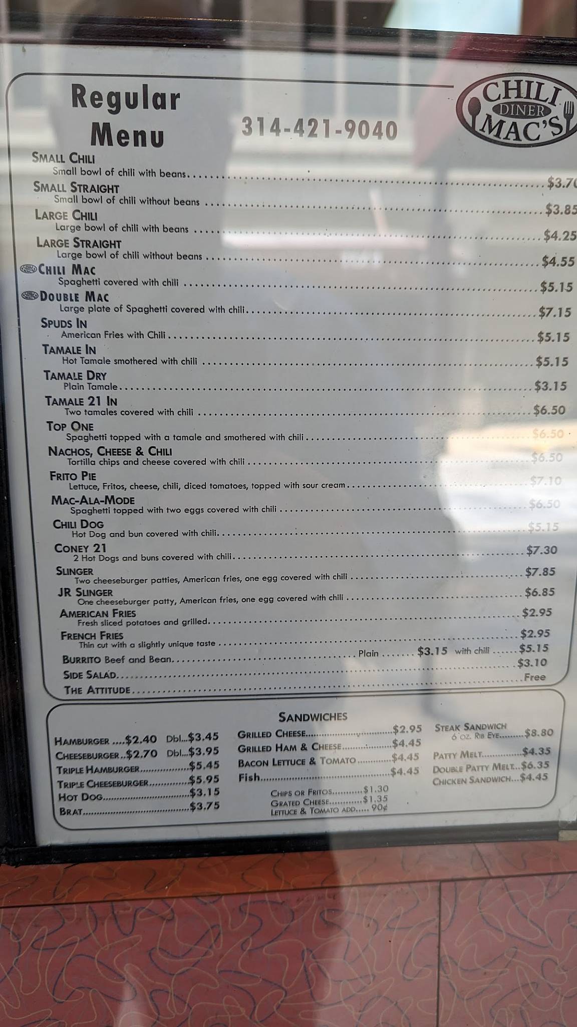 Menu at Chili Mac's Diner restaurant, St. Louis, 510 Pine St