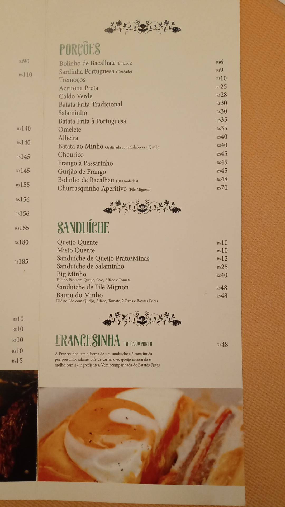 Costa Verde cardápio