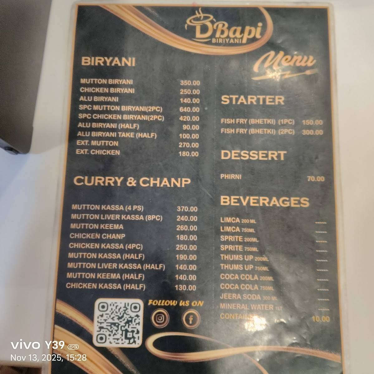 D BAPI BIRIYANI menu
