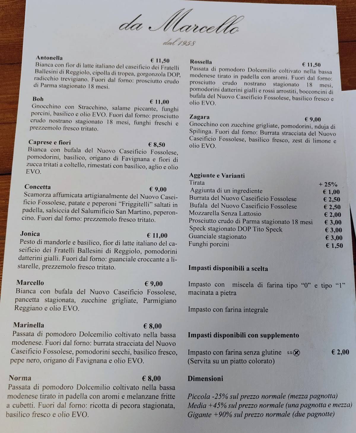 Menu di Ristorante Pizzeria Da Marcello 