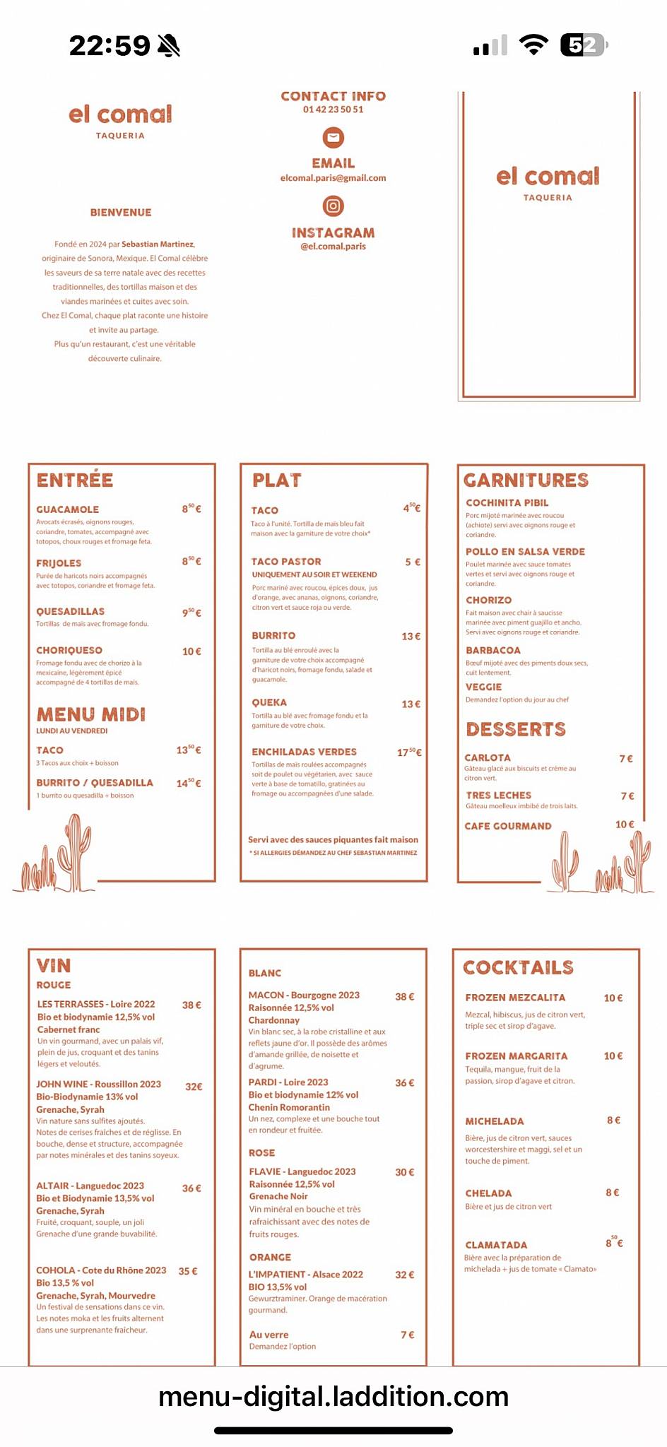 Menu de El Comal