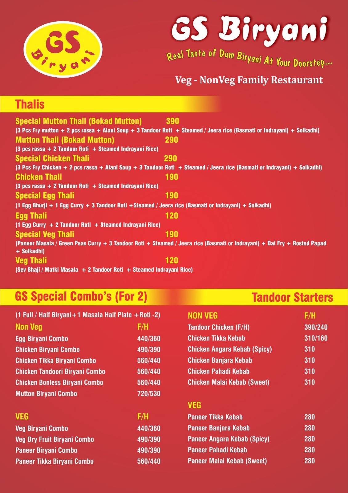 GS Biryani menu
