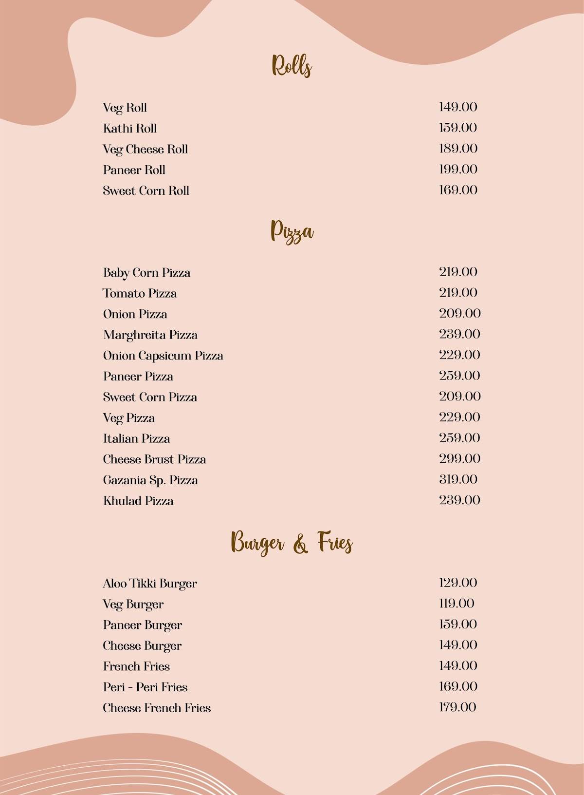 Gazania Restaurant menu