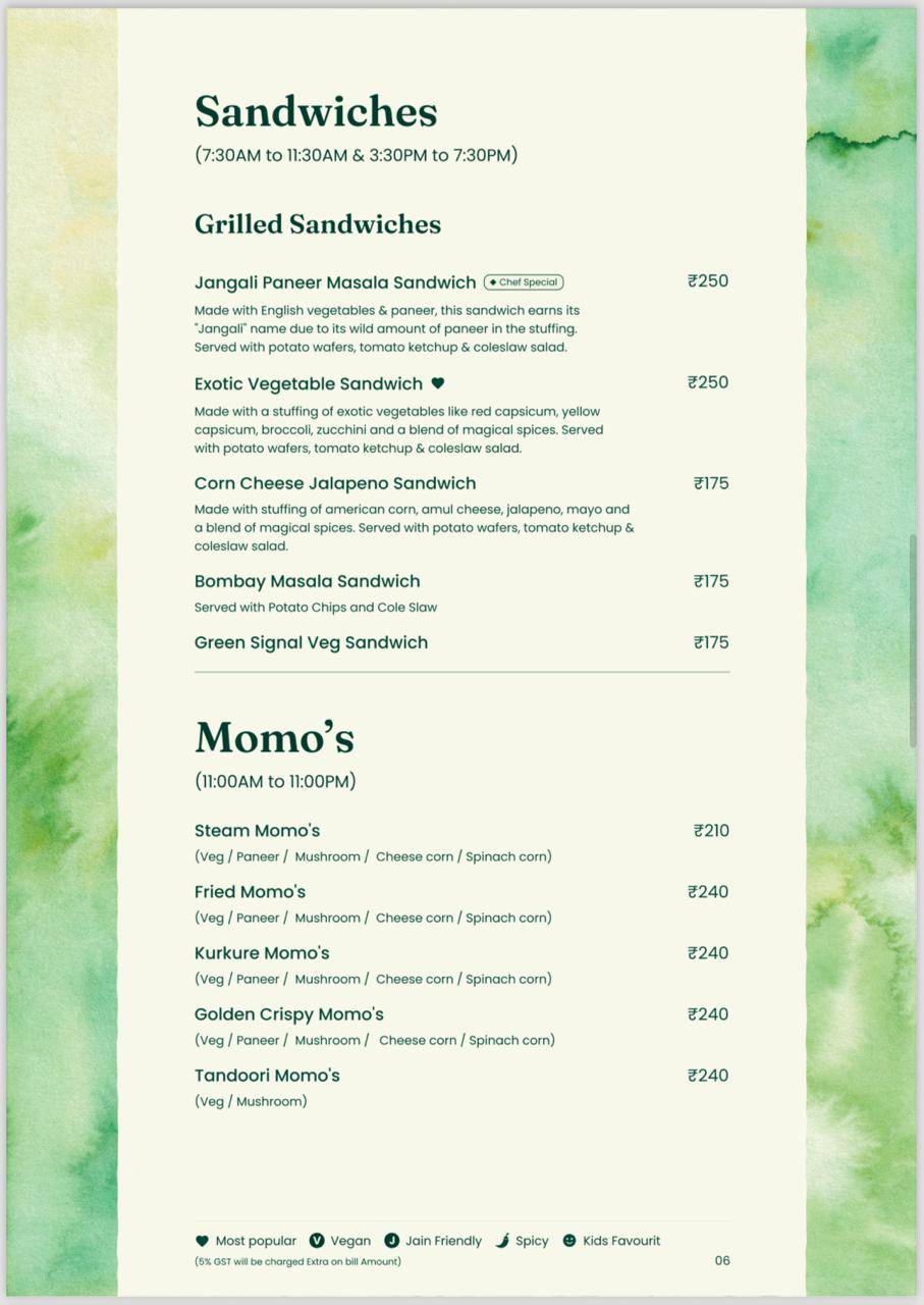 Green Signal Veg menu