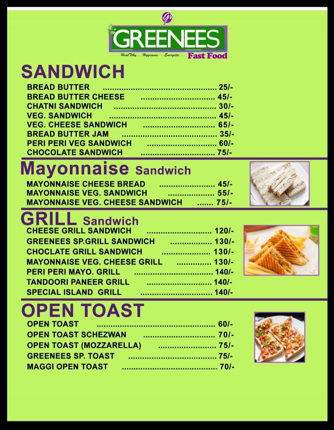 Greenees Fast Food menu