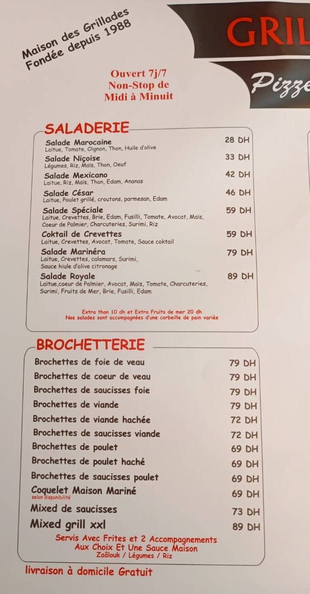 Menu de Grillade Adil