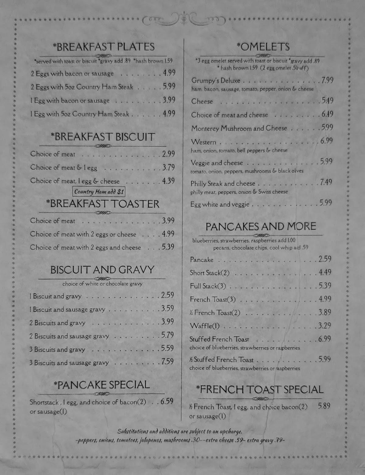 Menu at Grumpy's Getaway restaurant, Rose Bud, 442 AR5