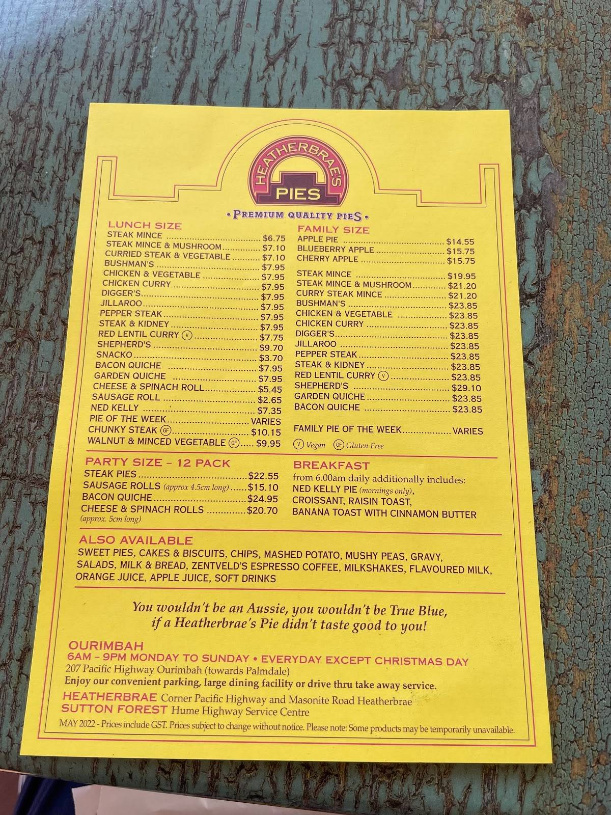 Menu at Heatherbrae's Pies restaurant, Ourimbah