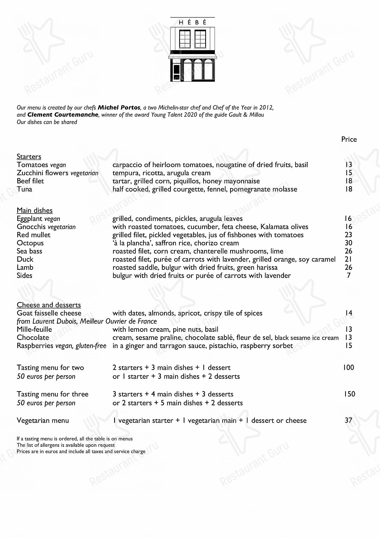Dessert Menu pour HEBE restaurant - Paris restaurant