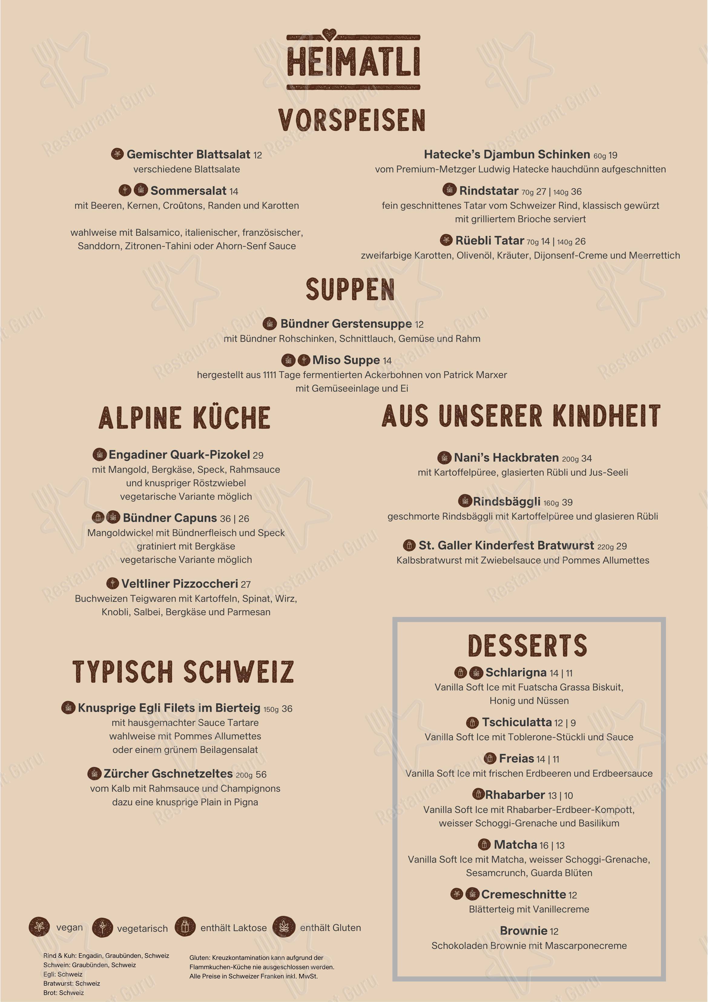 Menu di Restaurant Heimatli - Menu