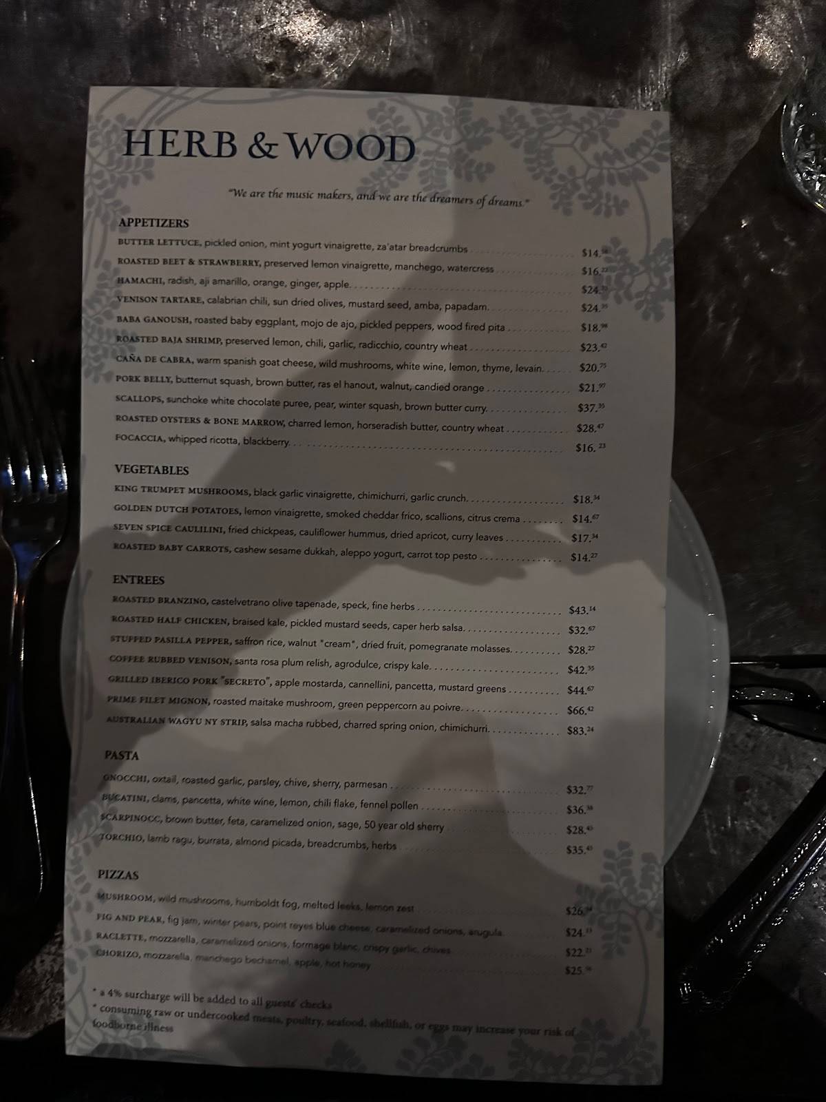 Menu at Herb & Wood restaurant, San Diego, Kettner Blvd
