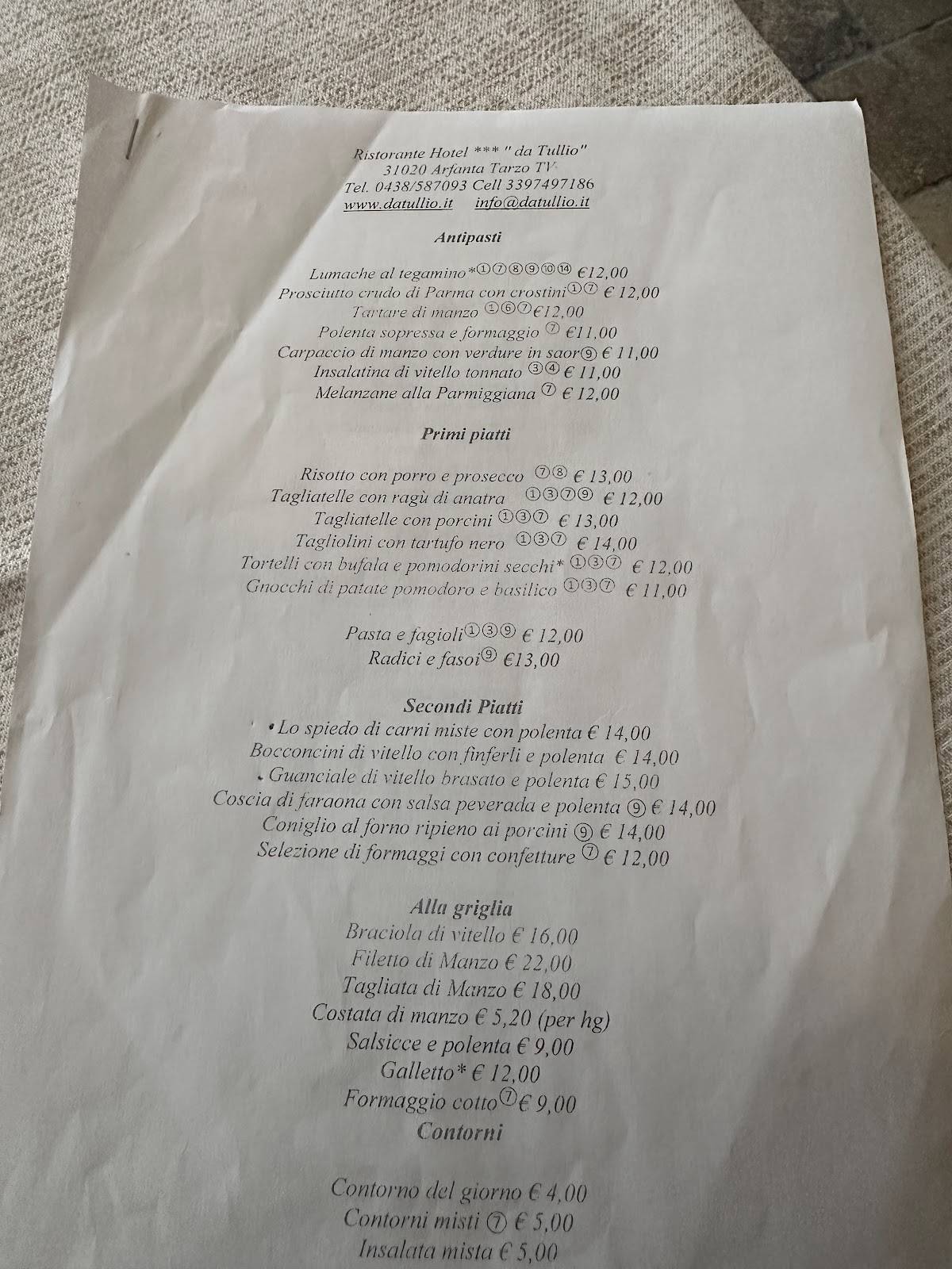 Menu di Ristorante Hotel da Tullio 