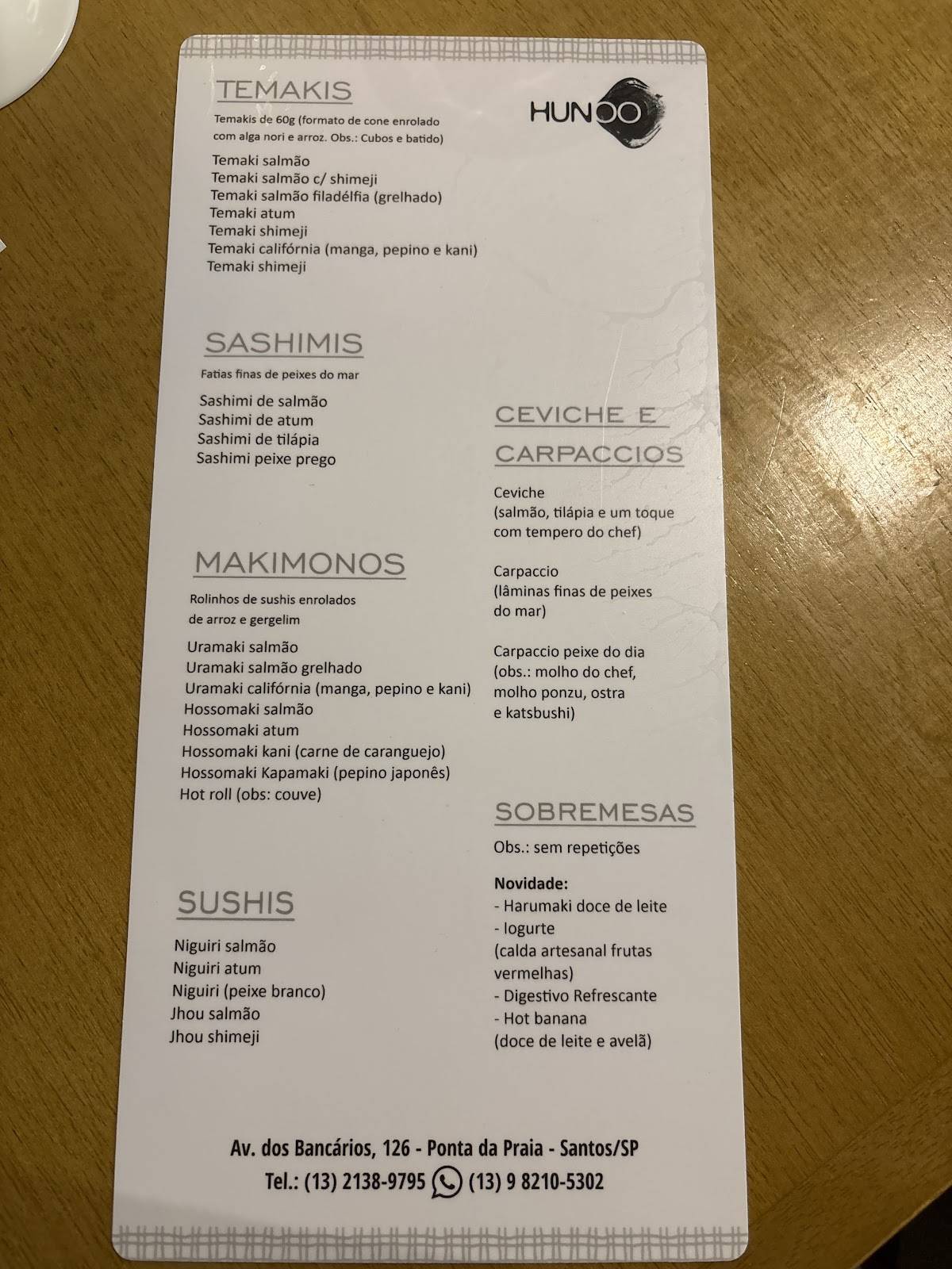 Hunoo Santos cardápio
