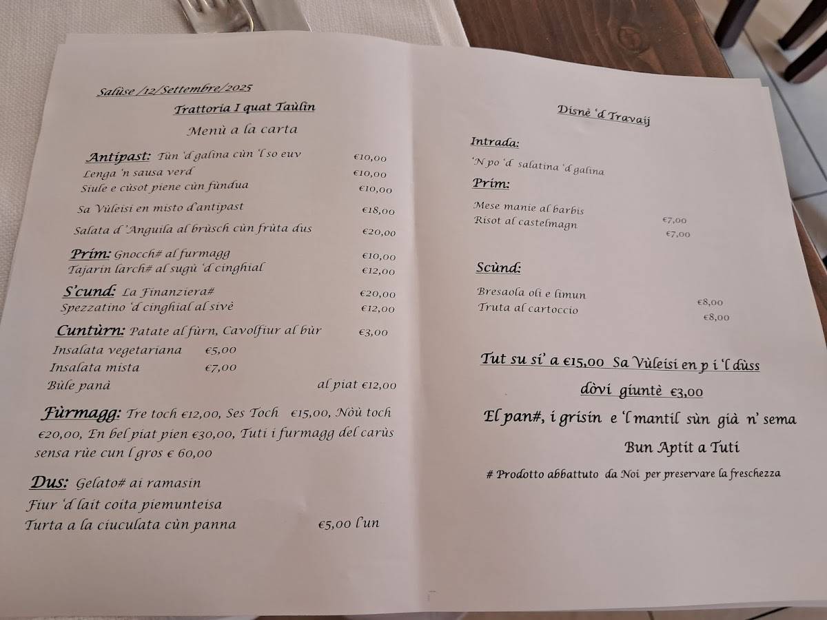 Menu di I Quat Taulin 