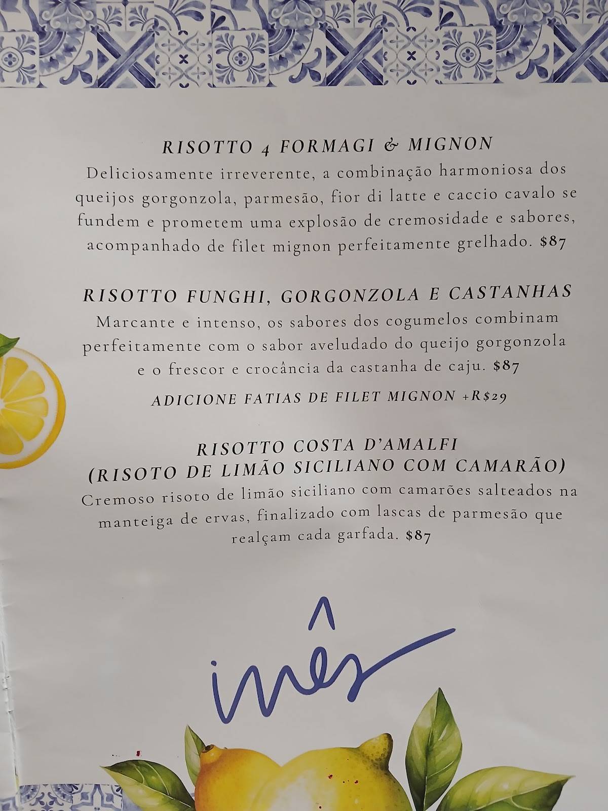 Inês Centro cardápio