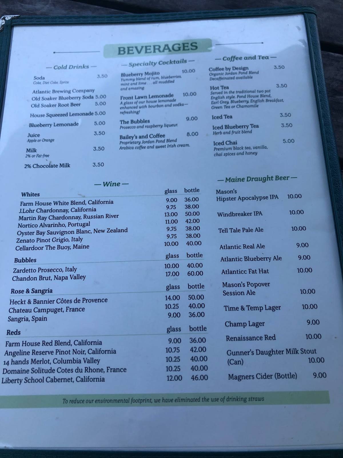 Menu at Jordan Pond House Restaurant, Mount Desert, Park Loop Rd