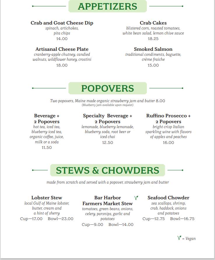Menu at Jordan Pond House Restaurant, Mount Desert, Park Loop Rd