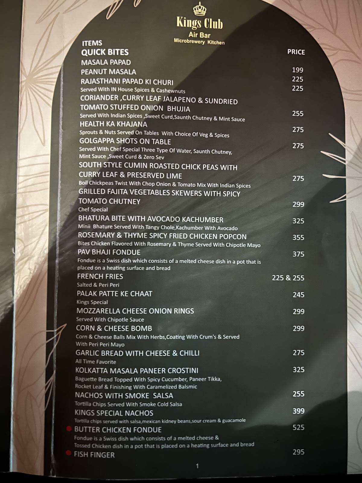 Kings Club menu